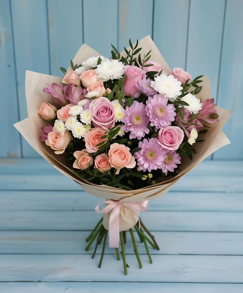 Букет цветов из: Хризантемы, Розы и Альстромерии в Новинки Нижний Новгород