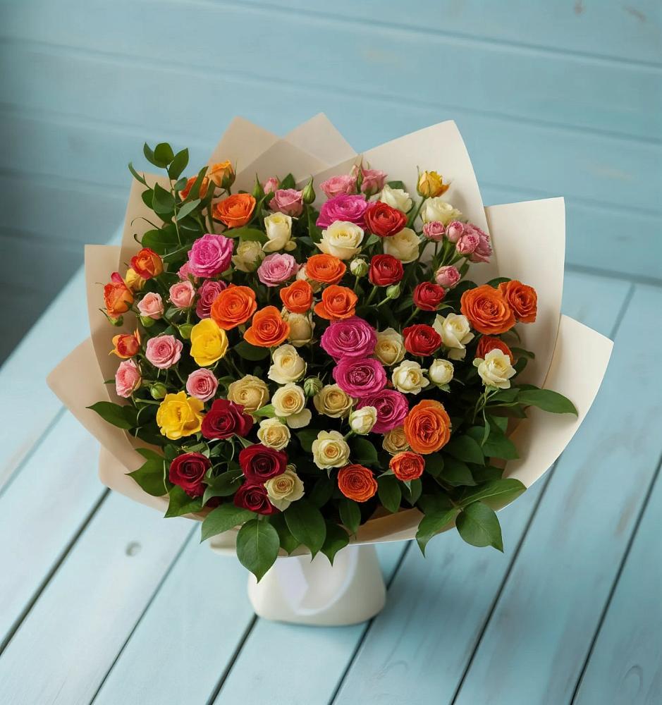 Букет Микс из разноцветных кустовых роз в Новинки Нижний Новгород
