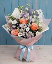 Букет цветов из:  Лизиантусы, Розы, Альстромерии и Гипсофила в Новинки Нижний Новгород