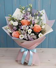 Букет цветов из:  Лизиантусы, Розы, Альстромерии и Гипсофила в Новинки Нижний Новгород